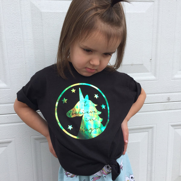 Unicorn Black Shiny Holographic Youth Girl Shirt