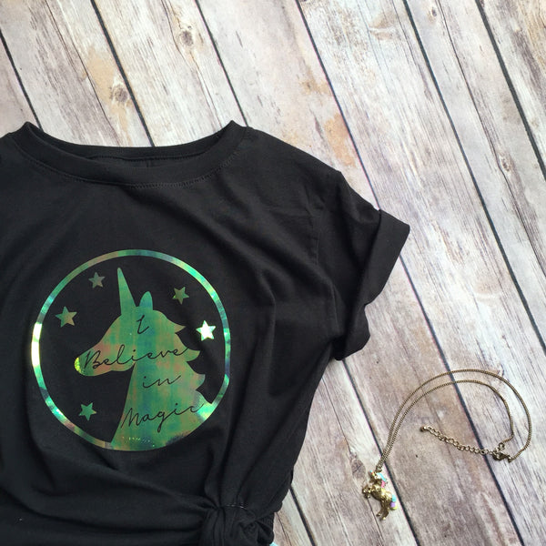 Unicorn Black Shiny Holographic Youth Girl Shirt