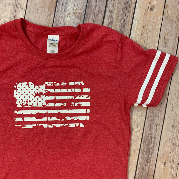 Distressed Flag Patriotic Rugby Style Shirt Women’s Fit